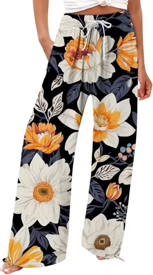 Womens Cropped Pants Boho Wide Leg High Waisted Palazzo Pockets Pants Summer Retro Flowy Beach Lounge Casual Trousers