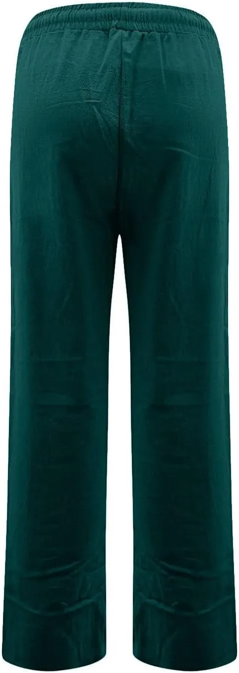 Womens High Waist Linen Pants Straight Leg Casual Loose Summer Beach Lightweight Drawstring Lounge Palazzo Trousers