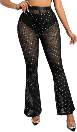 Womens High Waist Rave Mesh Sheer Pants Flared Bell Bottom Pants for Rave Festival Dance Clubwear