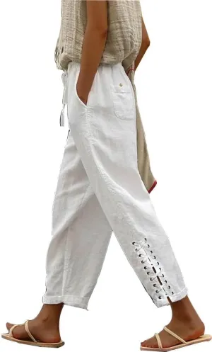 Womens Lightweight Pants with Pockets High Waist Comfy White Pants Casual Lightweight Loose Trousers