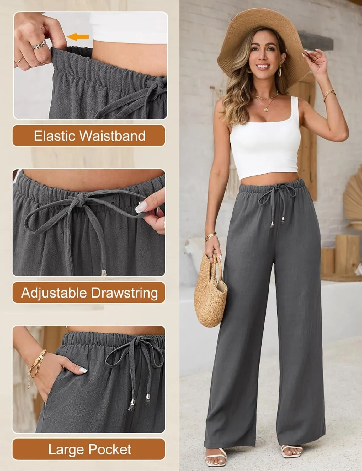 Womens Linen Pants High Waist Wide Leg Pant Casual Summer Palazzo Pants Loose Flowy Beach Trousers with Pockets