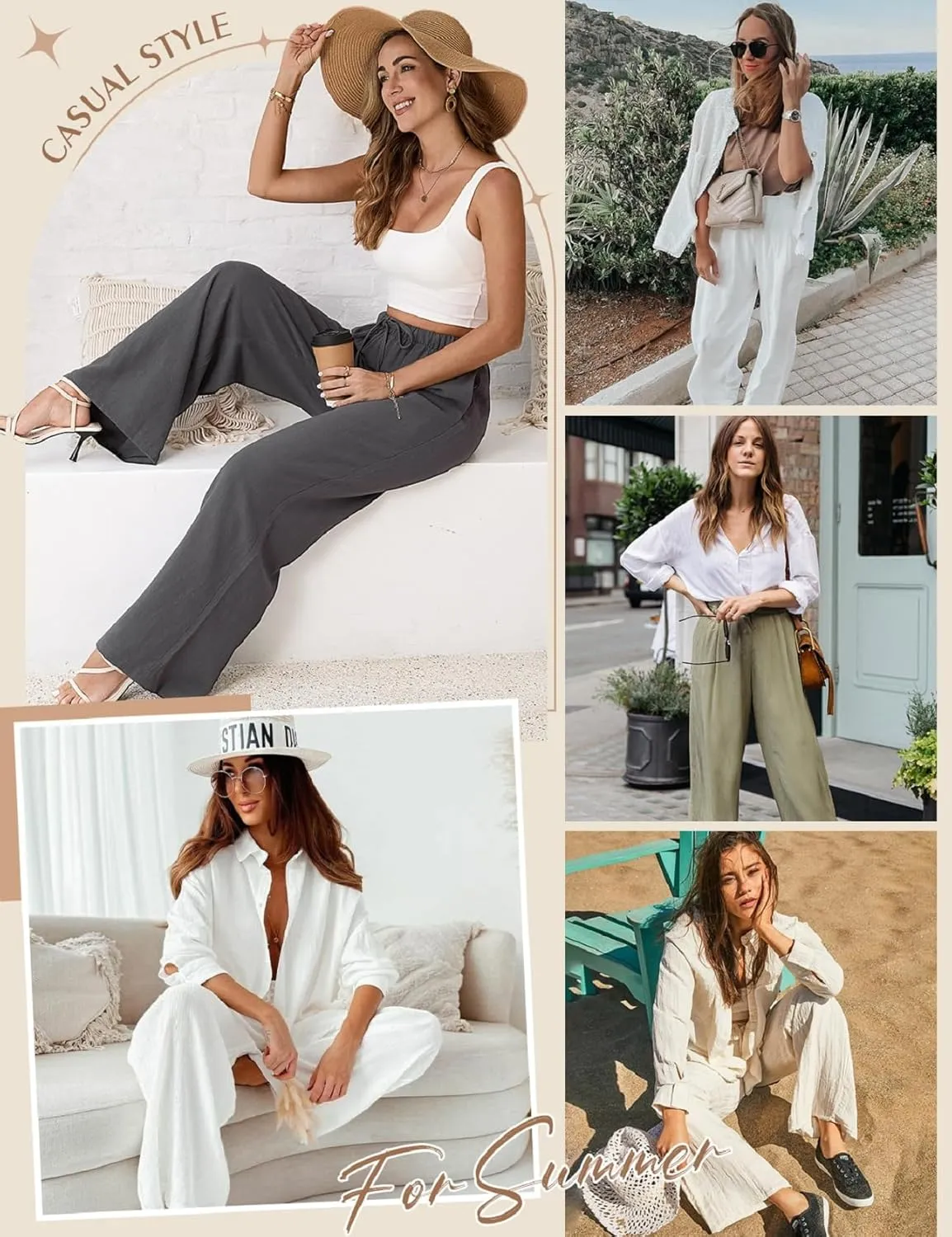 Womens Linen Pants High Waist Wide Leg Pant Casual Summer Palazzo Pants Loose Flowy Beach Trousers with Pockets