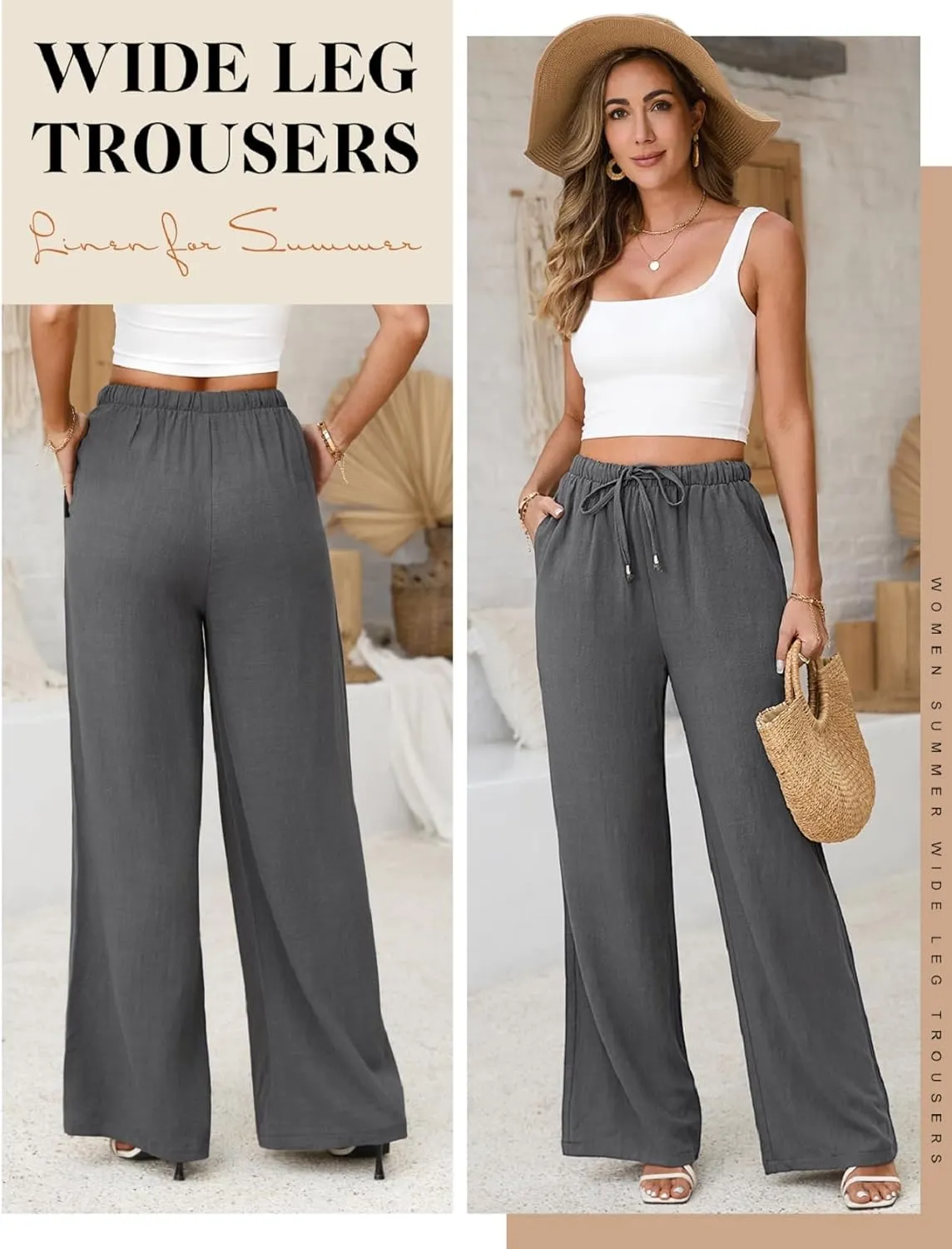 Womens Linen Pants High Waist Wide Leg Pant Casual Summer Palazzo Pants Loose Flowy Beach Trousers with Pockets