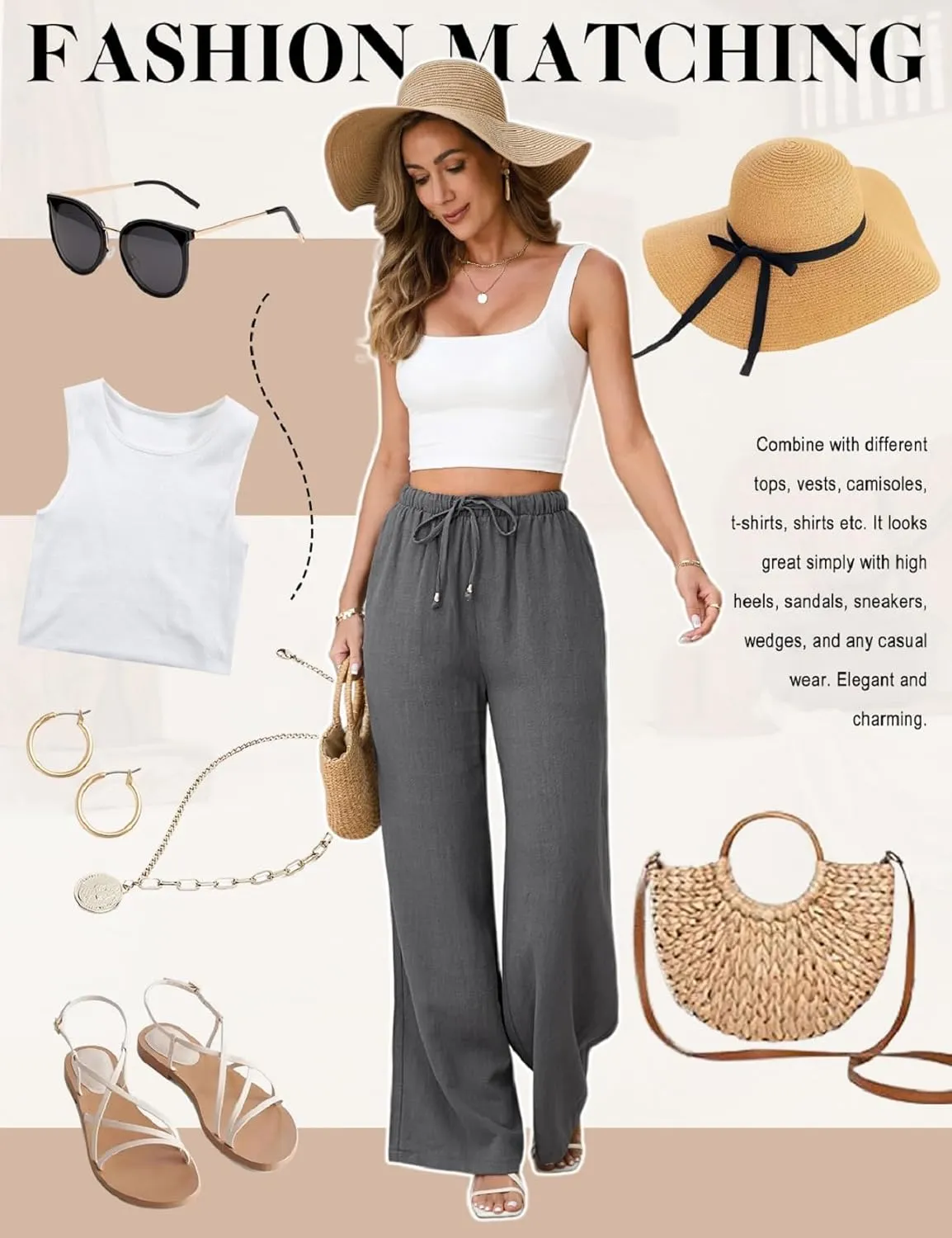 Womens Linen Pants High Waist Wide Leg Pant Casual Summer Palazzo Pants Loose Flowy Beach Trousers with Pockets