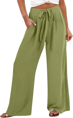 Womens Linen Pants Summer 2025 Solid Casual Drawstring Waist Loose Fit Fashion Drawstring Flowy Palazzo with Pockets