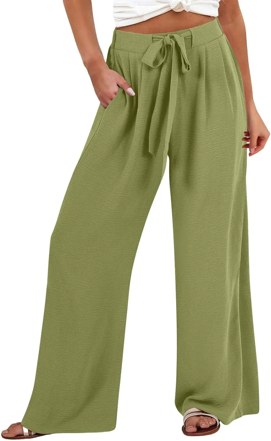 Womens Linen Pants Summer 2025 Solid Casual Drawstring Waist Loose Fit Fashion Drawstring Flowy Palazzo with Pockets