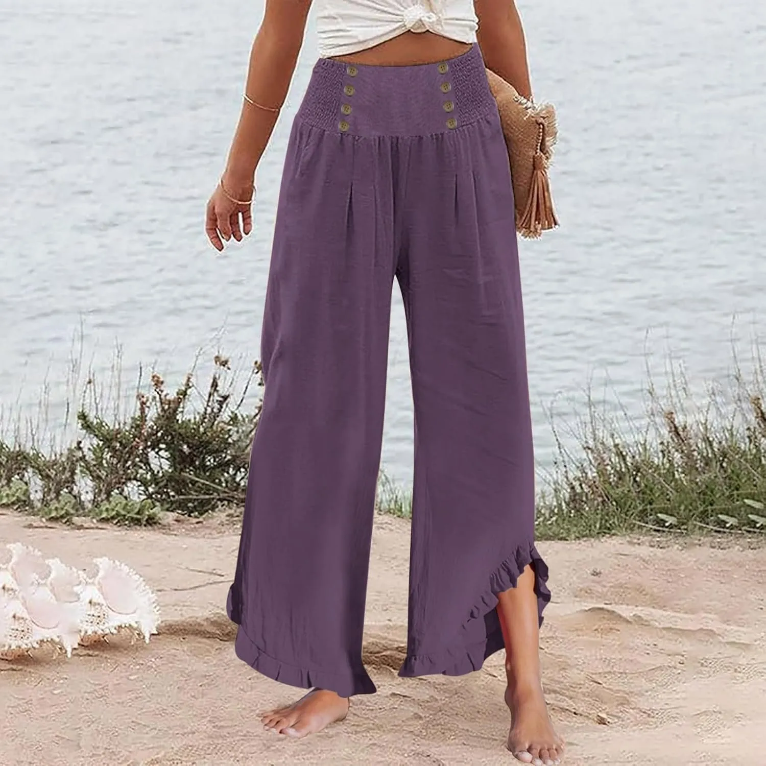 Womens Linen Pants Summer Casual Loose High Waisted Pleated Irregular Wide Leg Trousers for Casual Travel