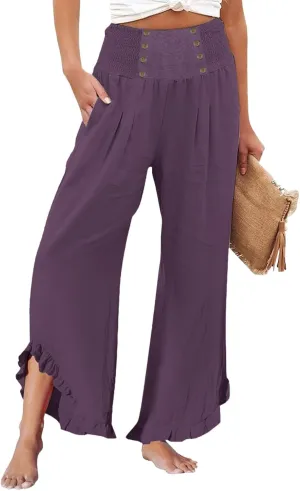 Womens Linen Pants Summer Casual Loose High Waisted Pleated Irregular Wide Leg Trousers for Casual Travel