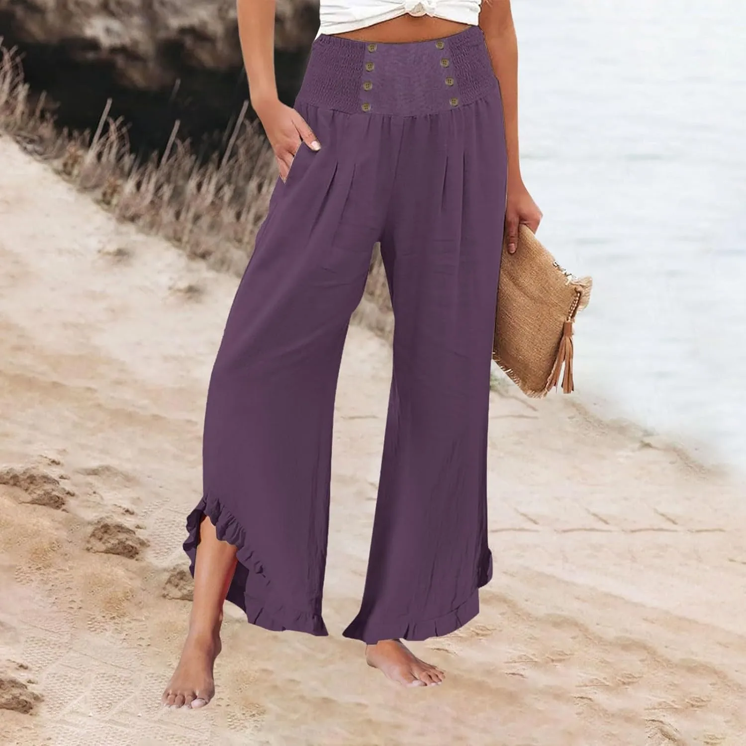 Womens Linen Pants Summer Casual Loose High Waisted Pleated Irregular Wide Leg Trousers for Casual Travel