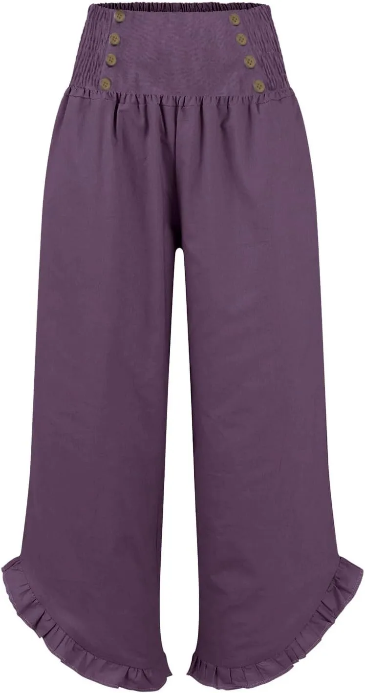 Womens Linen Pants Summer Casual Loose High Waisted Pleated Irregular Wide Leg Trousers for Casual Travel