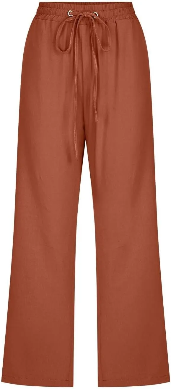 Womens Linen Pants,Summer Capri Pants High Waisted Wide Leg Drawstring Solid Casual Loose Trousers with Pockets