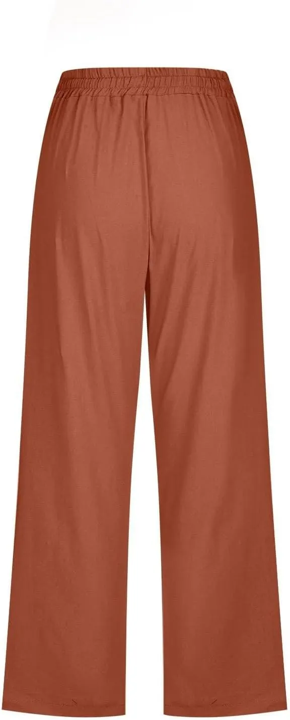 Womens Linen Pants,Summer Capri Pants High Waisted Wide Leg Drawstring Solid Casual Loose Trousers with Pockets