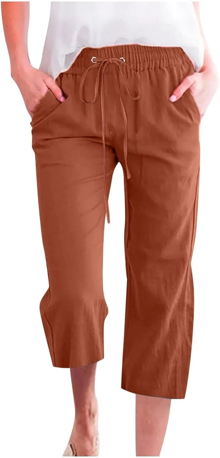 Womens Linen Pants,Summer Capri Pants High Waisted Wide Leg Drawstring Solid Casual Loose Trousers with Pockets
