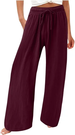 Women's Linen Summer Palazzo Pants Flowy Drawstring Waist Wide Leg Palazzo Beach Pants Loose Fit Beach Vacation Clothes