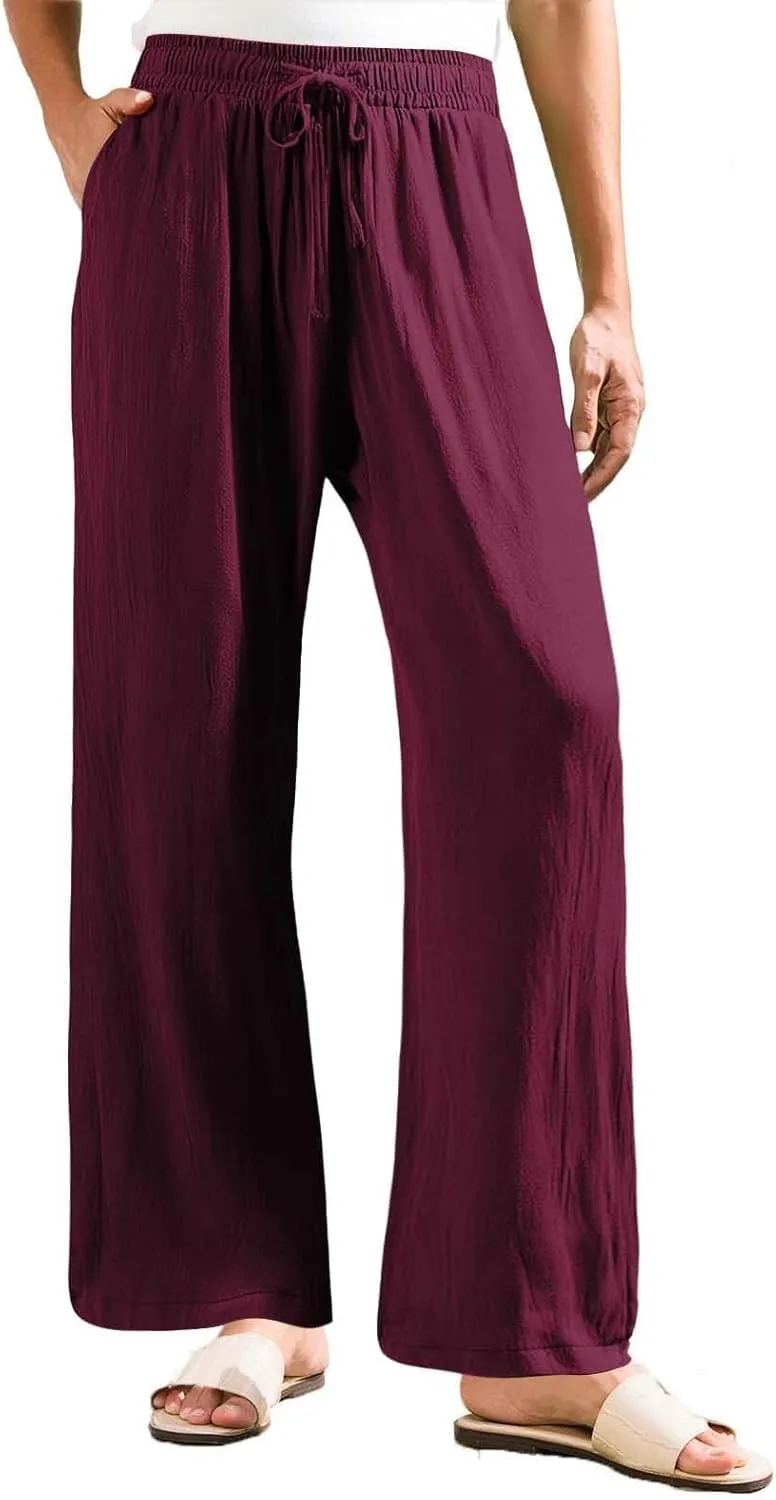 Women's Linen Summer Palazzo Pants Flowy Drawstring Waist Wide Leg Palazzo Beach Pants Loose Fit Beach Vacation Clothes
