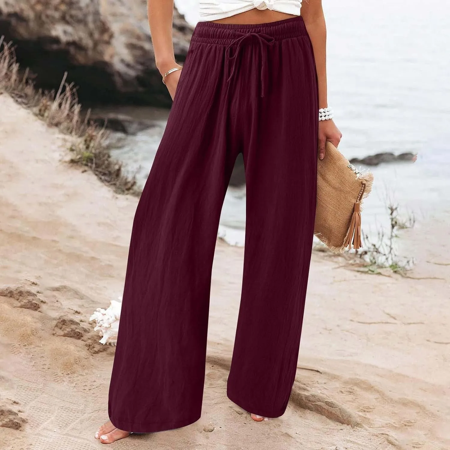 Women's Linen Summer Palazzo Pants Flowy Drawstring Waist Wide Leg Palazzo Beach Pants Loose Fit Beach Vacation Clothes