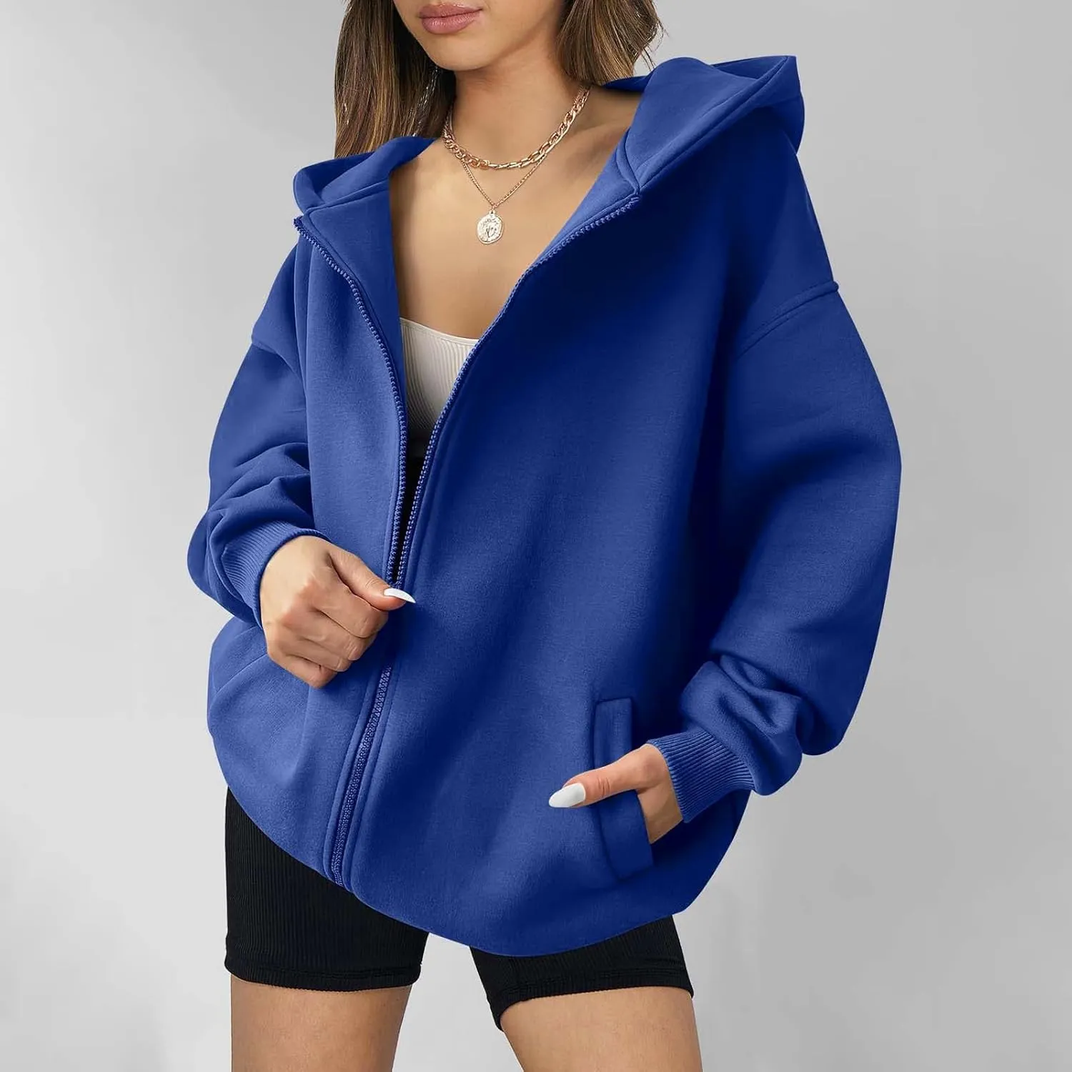 Women's Long Sleeve Hoodie Full Zip Up Hooded Sweatshirts Solid Pockets Jacket Trendy Daily Party Shacket for Women