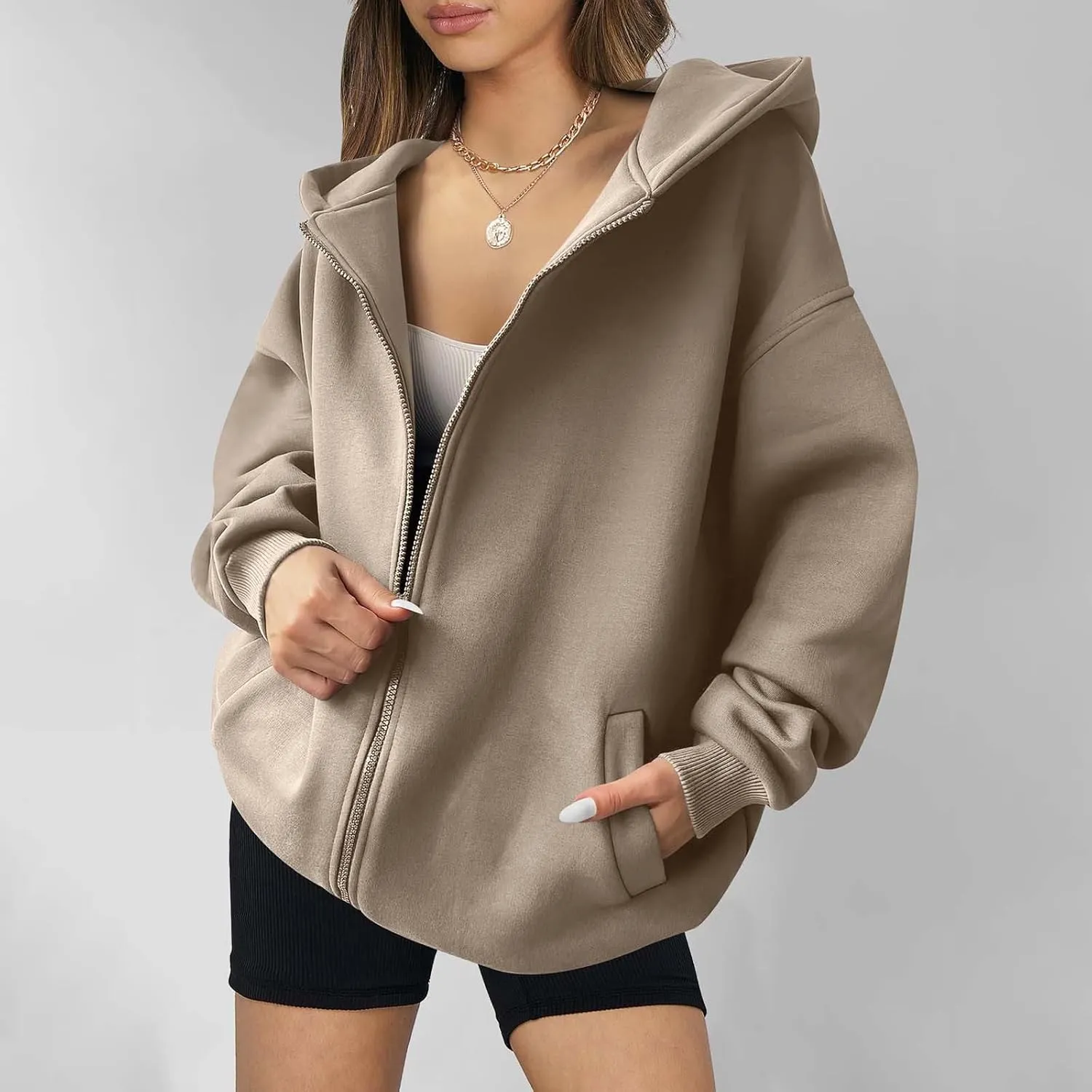 Women's Long Sleeve Hoodie Full Zip Up Hooded Sweatshirts Solid Pockets Jacket Trendy Daily Party Shacket for Women