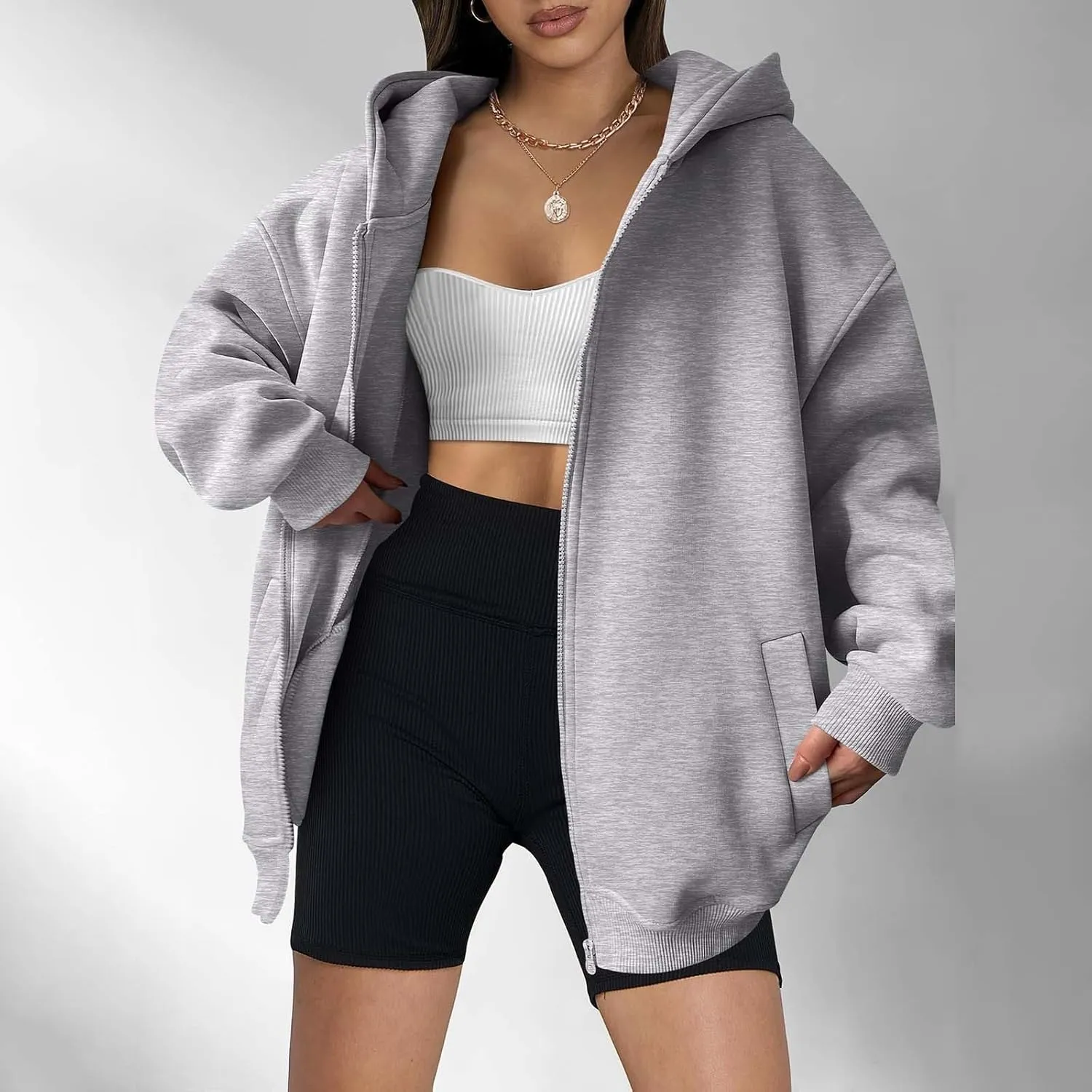 Women's Long Sleeve Hoodie Full Zip Up Hooded Sweatshirts Solid Pockets Jacket Trendy Daily Party Shacket for Women