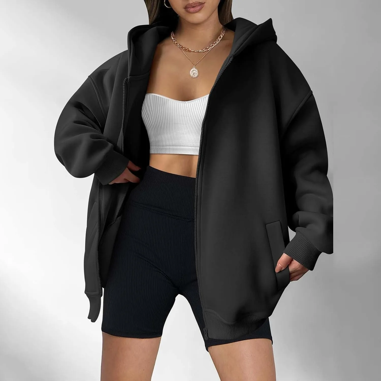 Women's Long Sleeve Hoodie Full Zip Up Hooded Sweatshirts Solid Pockets Jacket Trendy Daily Party Shacket for Women