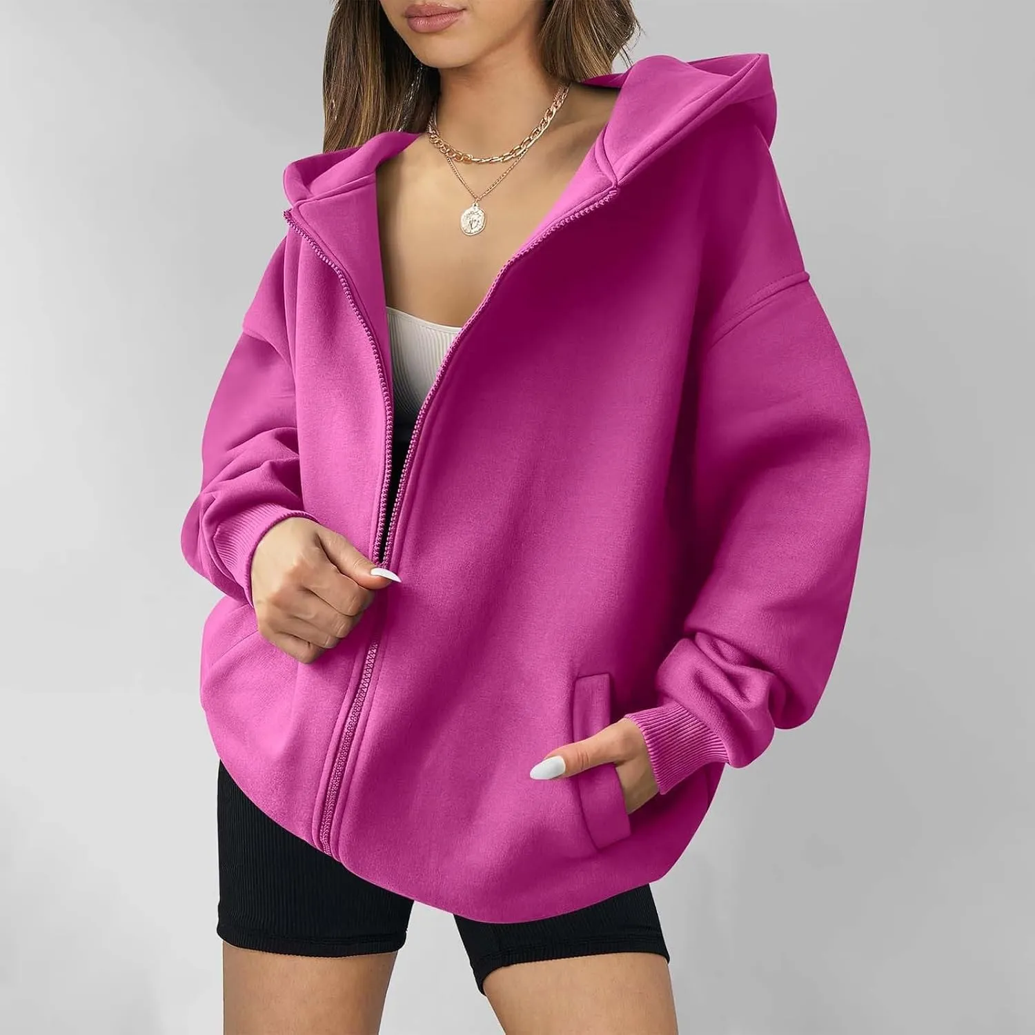 Women's Long Sleeve Hoodie Full Zip Up Hooded Sweatshirts Solid Pockets Jacket Trendy Daily Party Shacket for Women