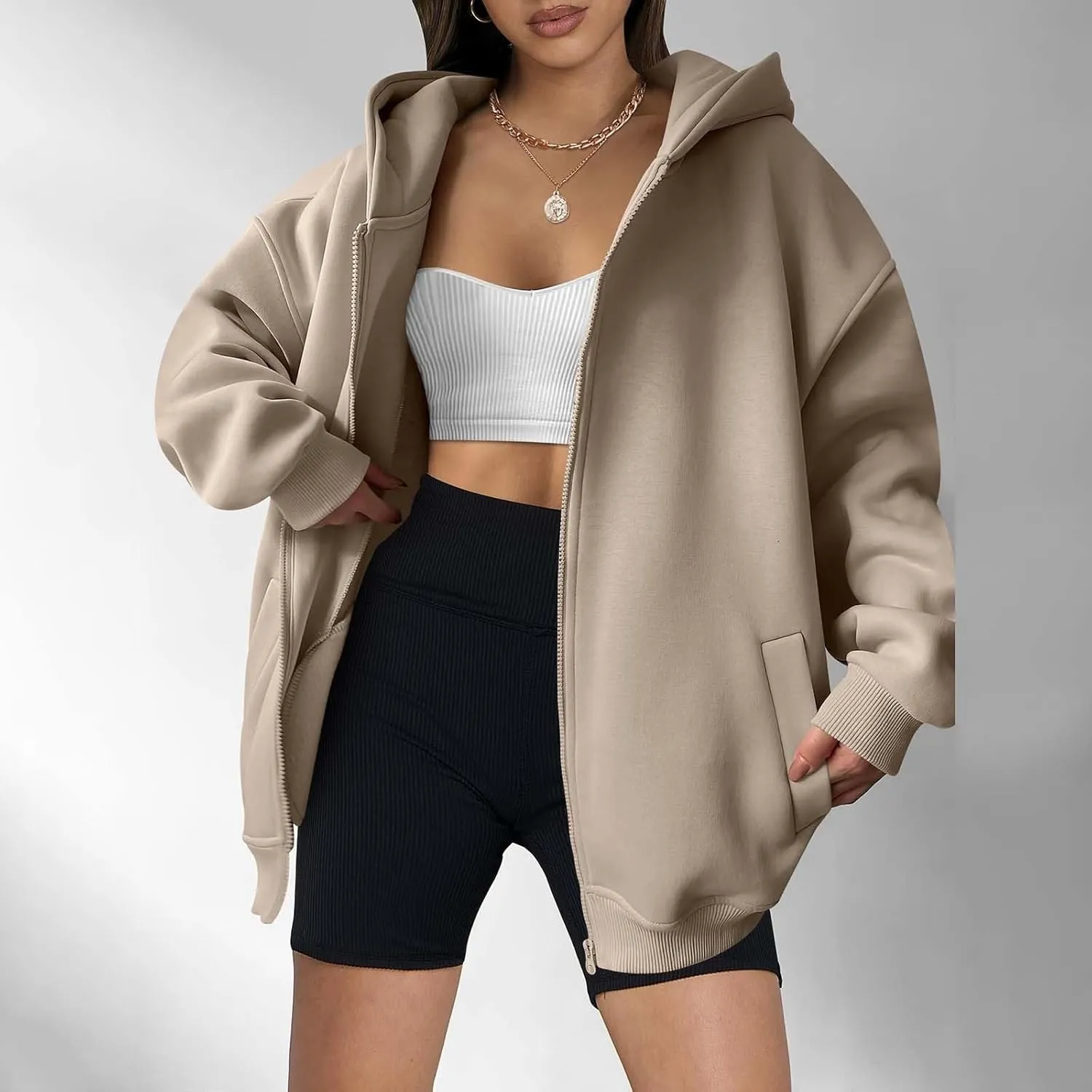 Women's Long Sleeve Hoodie Full Zip Up Hooded Sweatshirts Solid Pockets Jacket Trendy Daily Party Shacket for Women