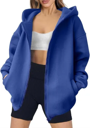 Women's Long Sleeve Hoodie Full Zip Up Hooded Sweatshirts Solid Pockets Jacket Trendy Daily Party Shacket for Women