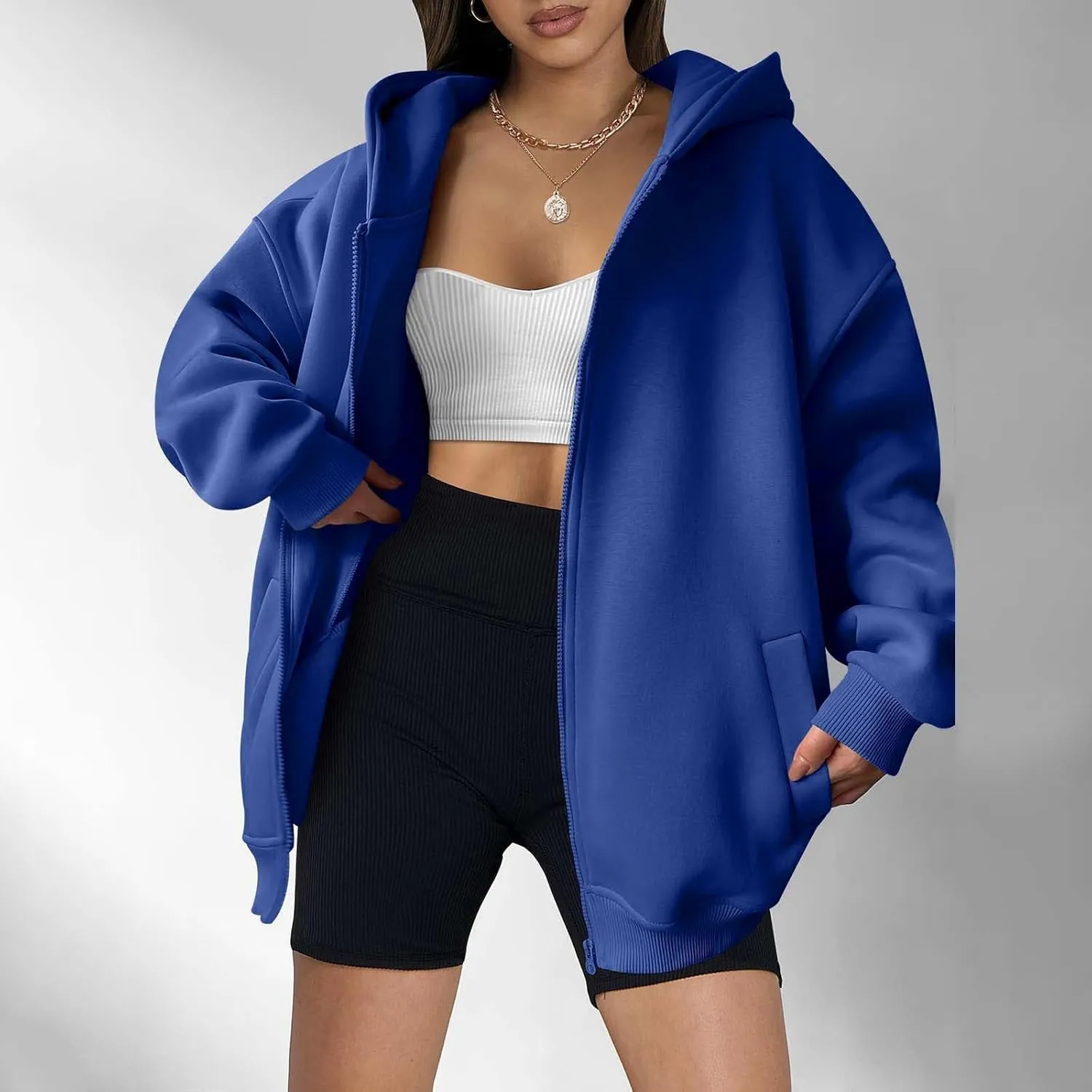 Women's Long Sleeve Hoodie Full Zip Up Hooded Sweatshirts Solid Pockets Jacket Trendy Daily Party Shacket for Women