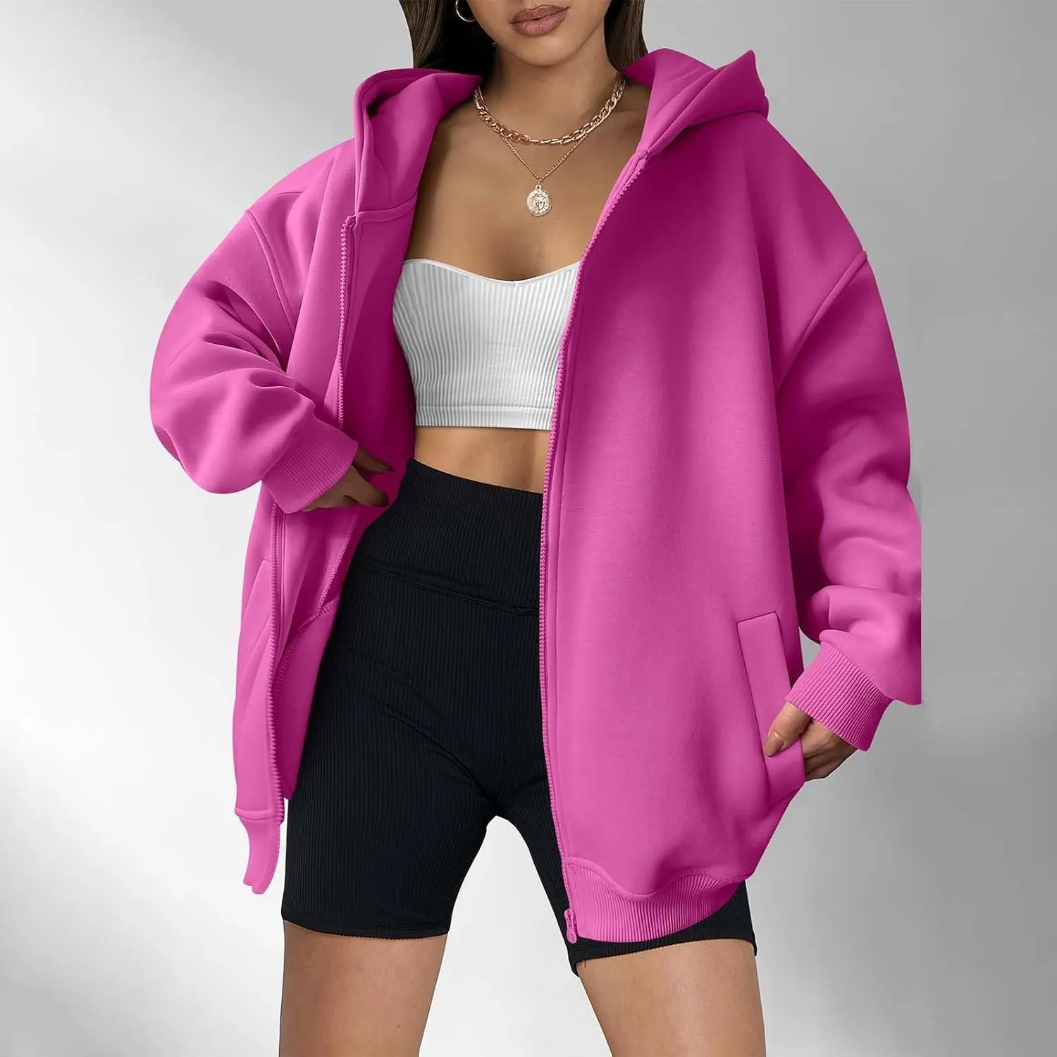 Women's Long Sleeve Hoodie Full Zip Up Hooded Sweatshirts Solid Pockets Jacket Trendy Daily Party Shacket for Women