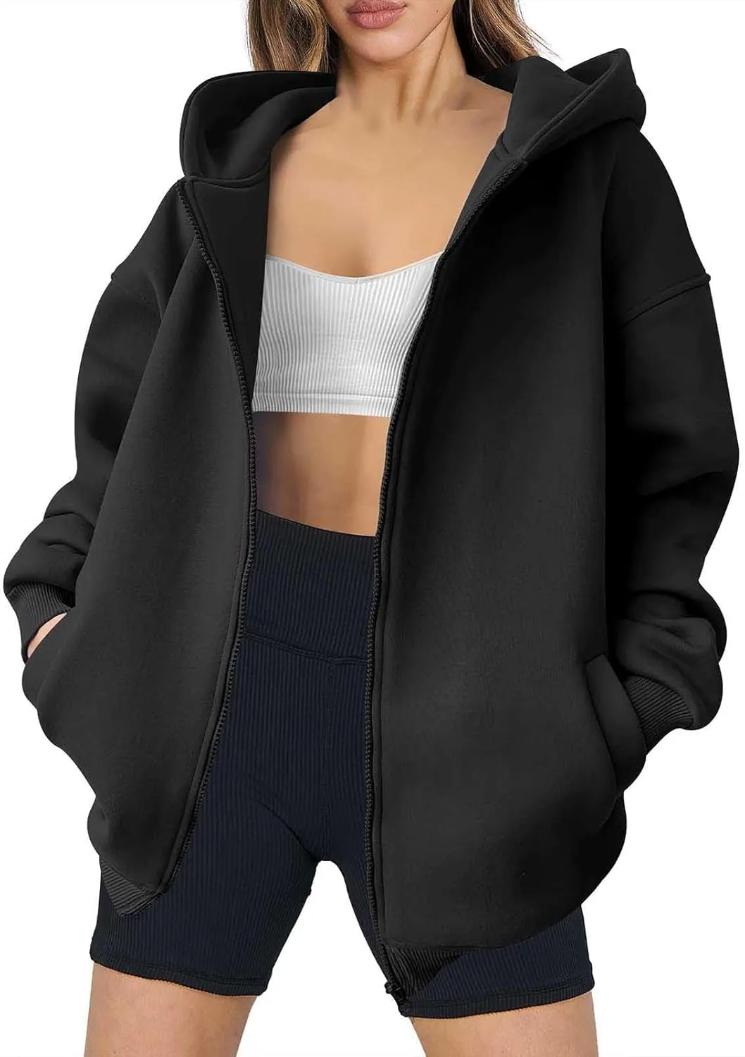 Women's Long Sleeve Hoodie Full Zip Up Hooded Sweatshirts Solid Pockets Jacket Trendy Daily Party Shacket for Women