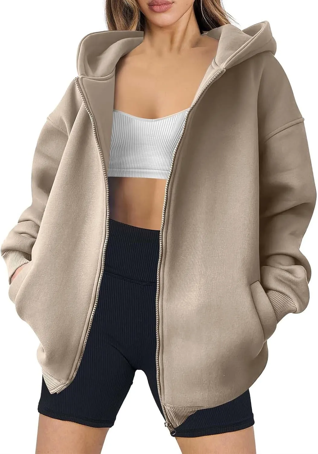 Women's Long Sleeve Hoodie Full Zip Up Hooded Sweatshirts Solid Pockets Jacket Trendy Daily Party Shacket for Women