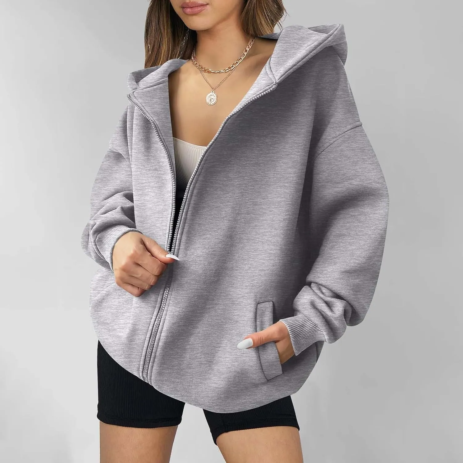 Women's Long Sleeve Hoodie Full Zip Up Hooded Sweatshirts Solid Pockets Jacket Trendy Daily Party Shacket for Women