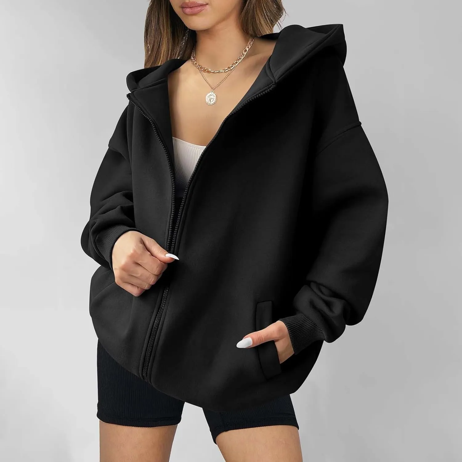 Women's Long Sleeve Hoodie Full Zip Up Hooded Sweatshirts Solid Pockets Jacket Trendy Daily Party Shacket for Women