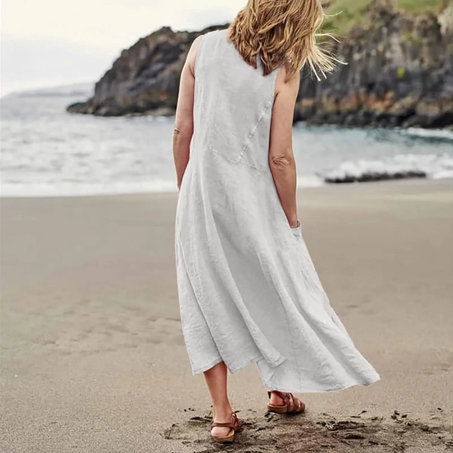 Womens Maxi Dresses Summer Casual Print Boho Cotton Linen Sundress with Pockets Loose Flowy Swing Vacation Long Dress