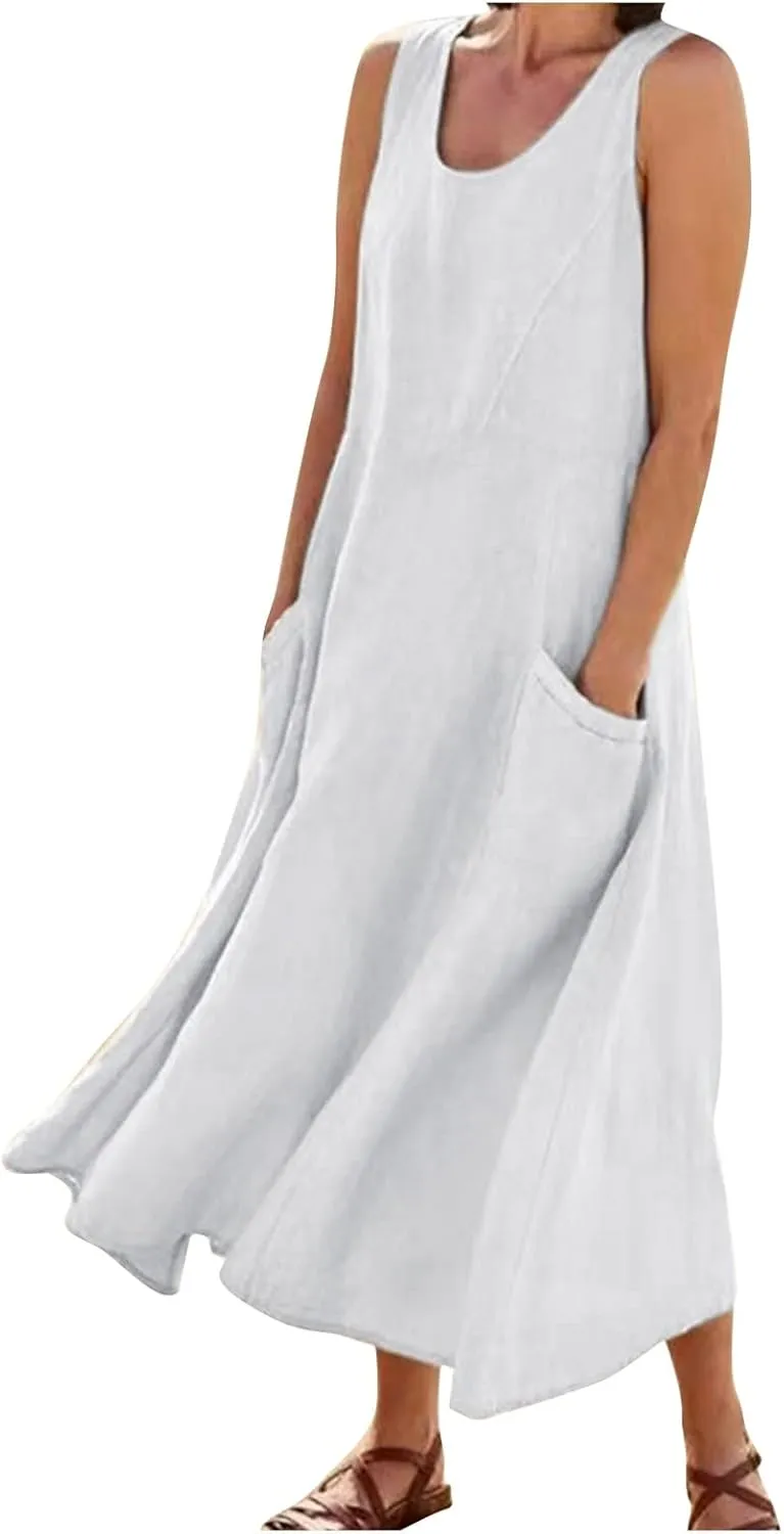 Womens Maxi Dresses Summer Casual Print Boho Cotton Linen Sundress with Pockets Loose Flowy Swing Vacation Long Dress