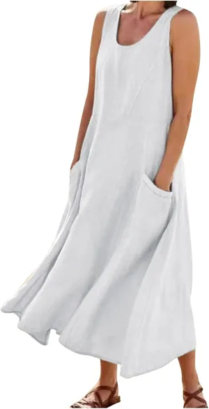 Womens Maxi Dresses Summer Casual Print Boho Cotton Linen Sundress with Pockets Loose Flowy Swing Vacation Long Dress