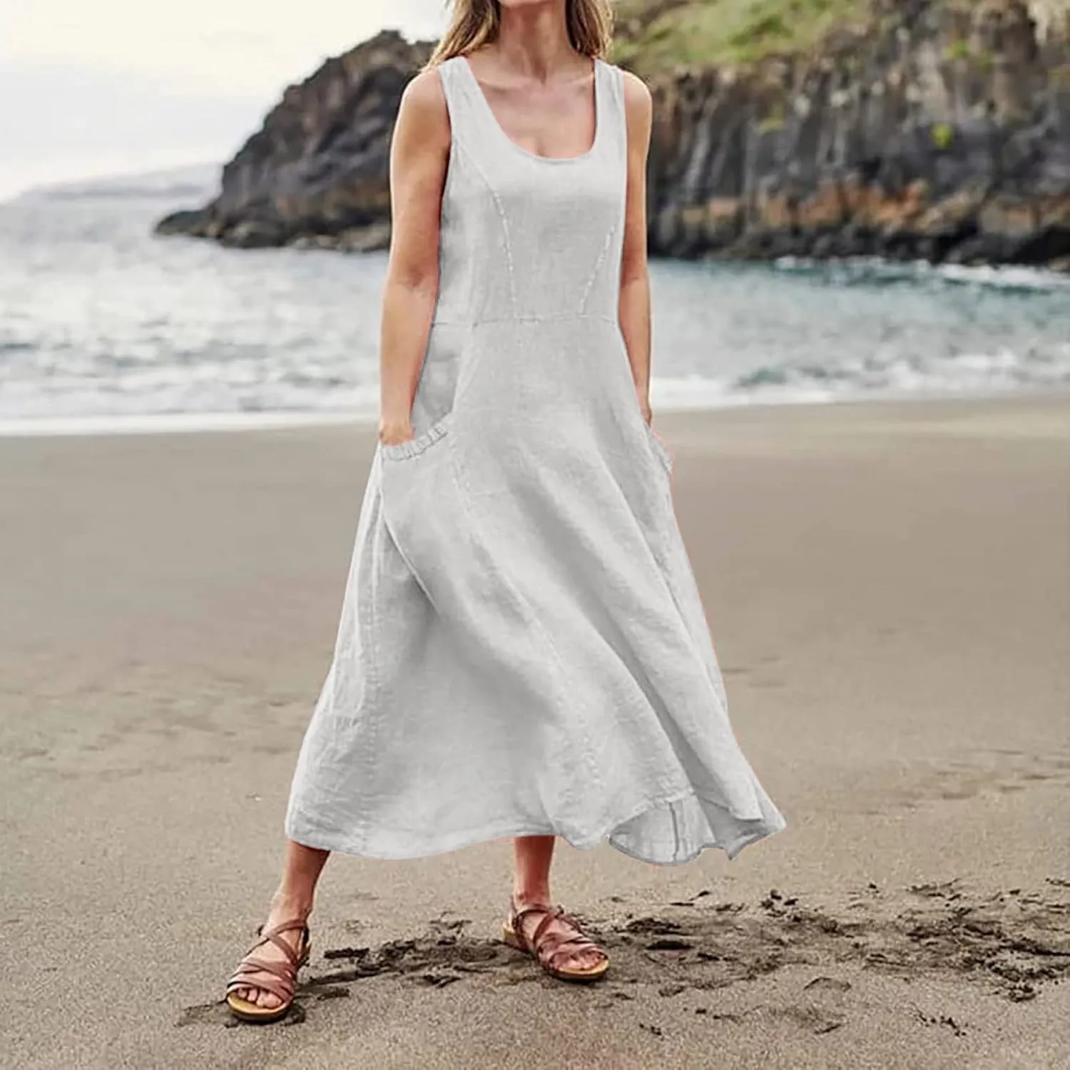 Womens Maxi Dresses Summer Casual Print Boho Cotton Linen Sundress with Pockets Loose Flowy Swing Vacation Long Dress