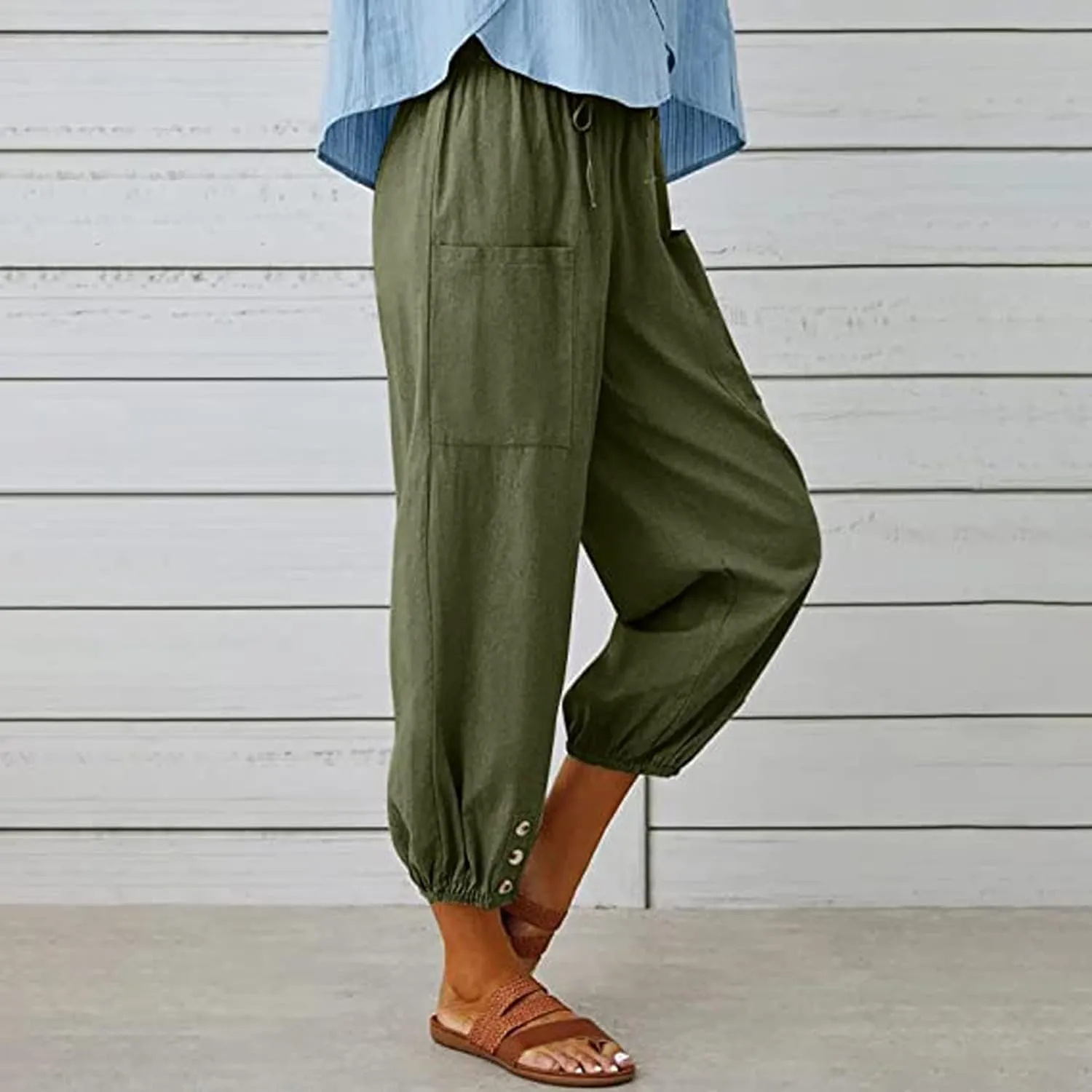Women's Plus Size Capri Pants High Waist Drawstring Cinch Cotton Linen Casual Button Trouser with Pockets