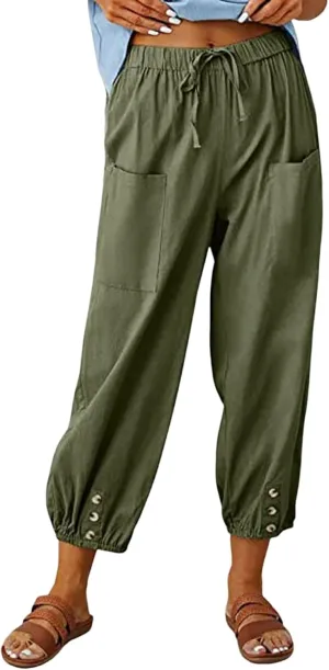 Women's Plus Size Capri Pants High Waist Drawstring Cinch Cotton Linen Casual Button Trouser with Pockets