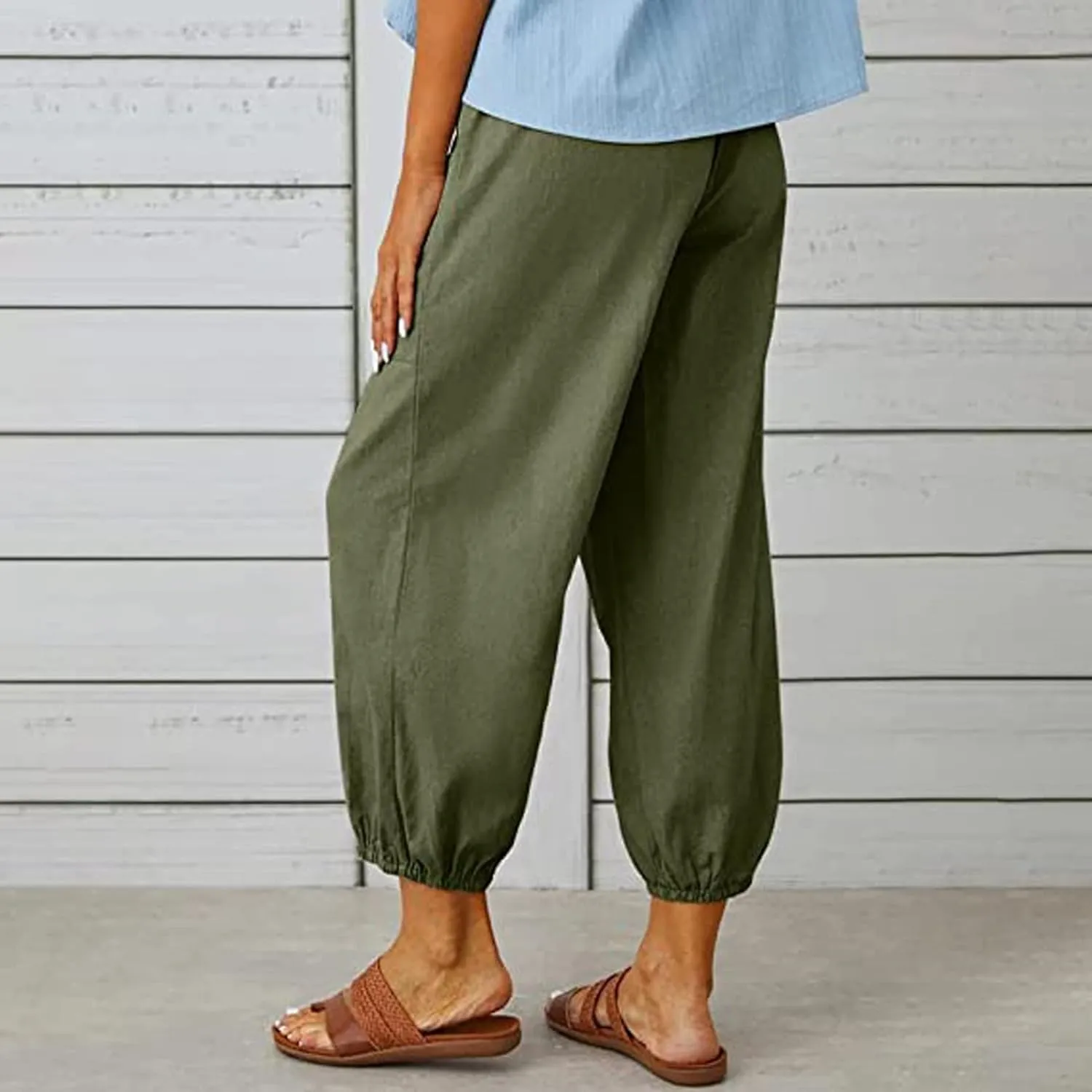 Women's Plus Size Capri Pants High Waist Drawstring Cinch Cotton Linen Casual Button Trouser with Pockets