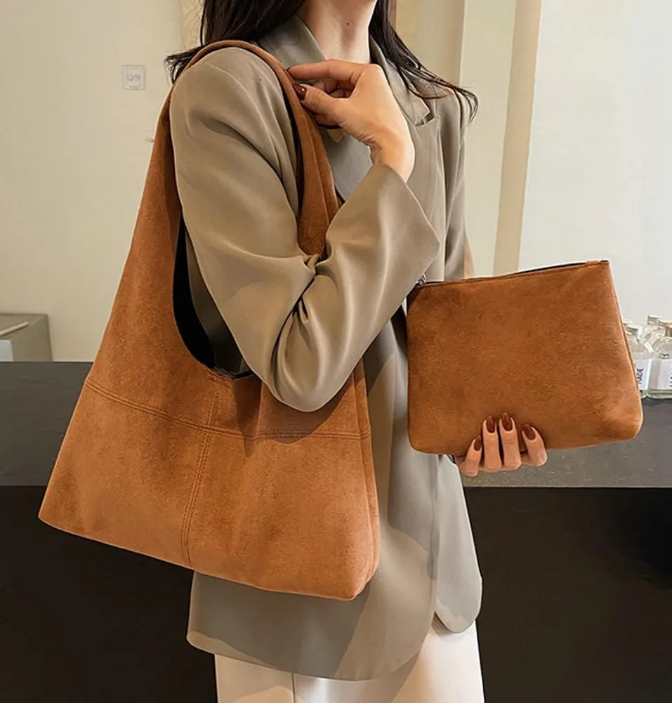 Women's Retro Tote Bags Vegan Leather Slouchy Bag Hobo Handbag Suede PU Purse Bag Work Office Handbag 2024