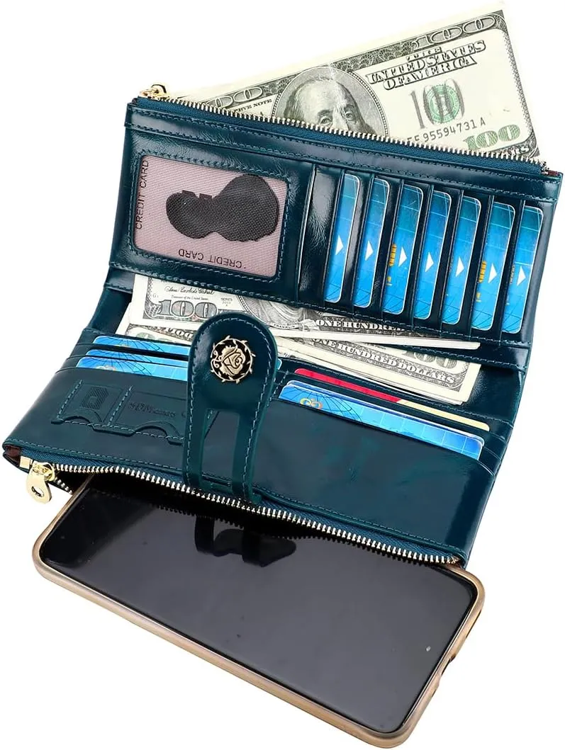 Women's RFID Blocking Wallet Soft Leather Clutch Money Ladies Purse Slim Card Holder Organizer Zip Pocket (3013-Blue)