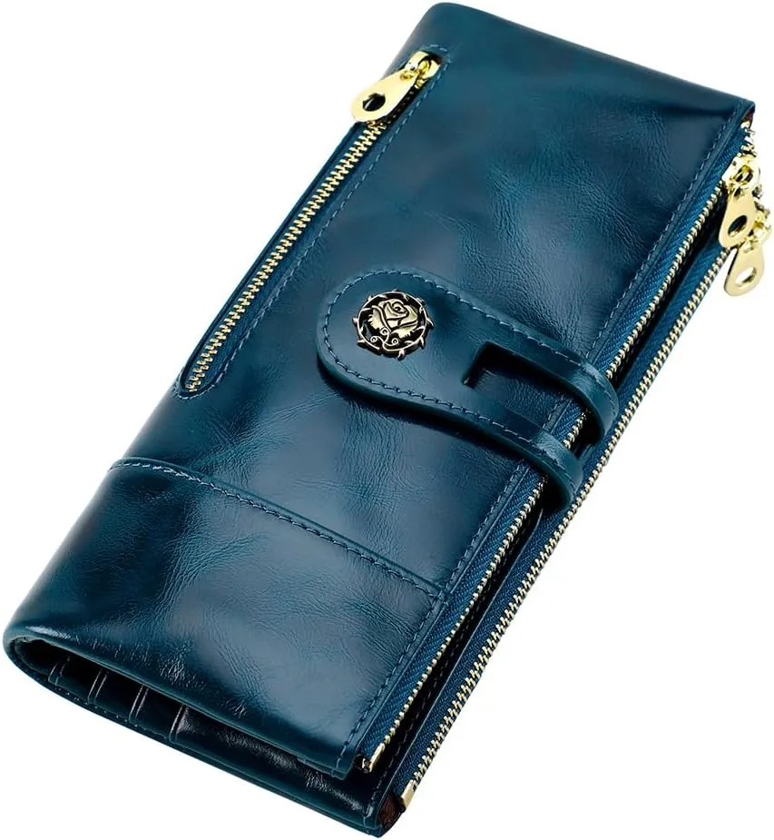 Women's RFID Blocking Wallet Soft Leather Clutch Money Ladies Purse Slim Card Holder Organizer Zip Pocket (3013-Blue)
