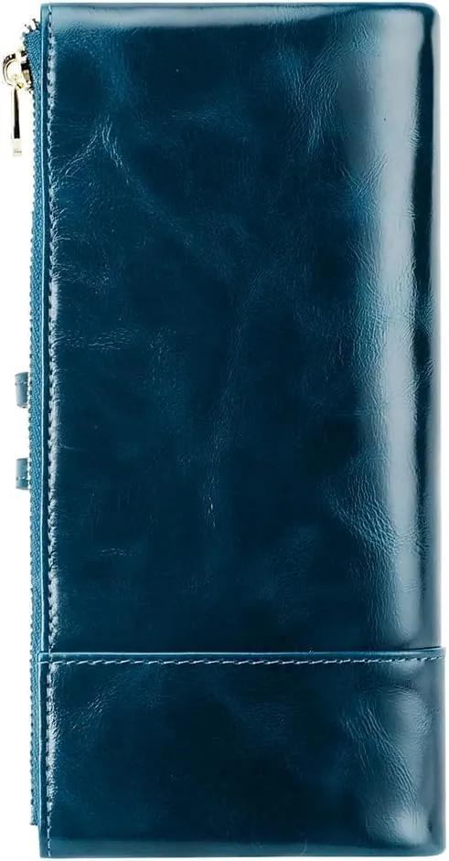 Women's RFID Blocking Wallet Soft Leather Clutch Money Ladies Purse Slim Card Holder Organizer Zip Pocket (3013-Blue)