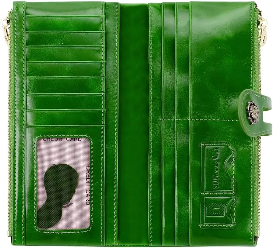 Women's RFID Blocking Wallet Soft Leather Clutch Money Ladies Purse Slim Card Holder Organizer Zip Pocket (3020-Green)