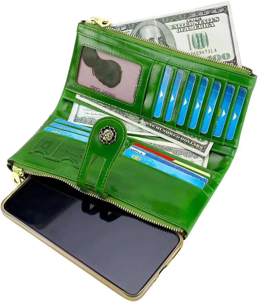Women's RFID Blocking Wallet Soft Leather Clutch Money Ladies Purse Slim Card Holder Organizer Zip Pocket (3020-Green)