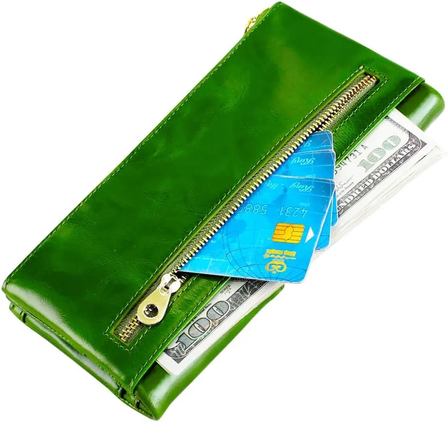 Women's RFID Blocking Wallet Soft Leather Clutch Money Ladies Purse Slim Card Holder Organizer Zip Pocket (3020-Green)