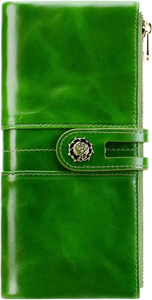 Women's RFID Blocking Wallet Soft Leather Clutch Money Ladies Purse Slim Card Holder Organizer Zip Pocket (3020-Green)