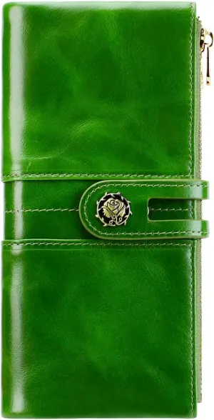 Women's RFID Blocking Wallet Soft Leather Clutch Money Ladies Purse Slim Card Holder Organizer Zip Pocket (3020-Green)