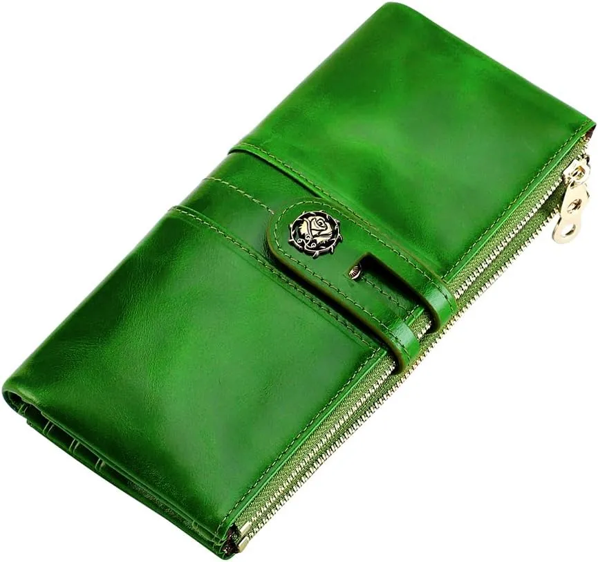Women's RFID Blocking Wallet Soft Leather Clutch Money Ladies Purse Slim Card Holder Organizer Zip Pocket (3020-Green)